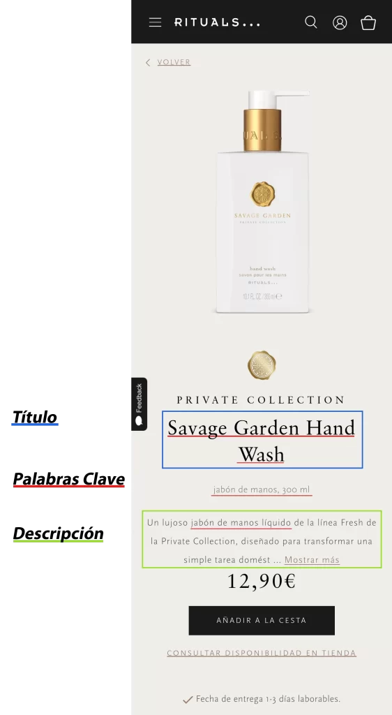 Ficha de producto del jabon de manos Savage Garden Hand Wash de la tienda online de Rituals