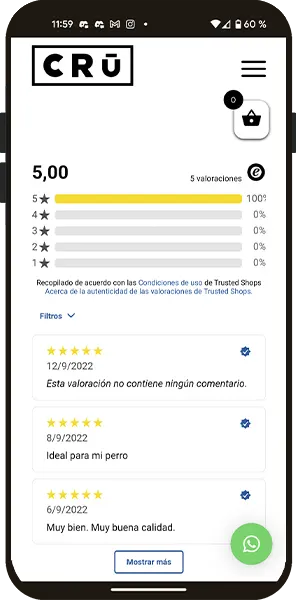 reseñas en la ficha de producto de la tienda online cru barf