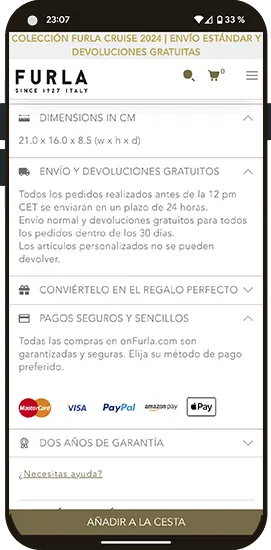 detalles de las condiciones de venta en una ficha de producto de la tienda online de furla