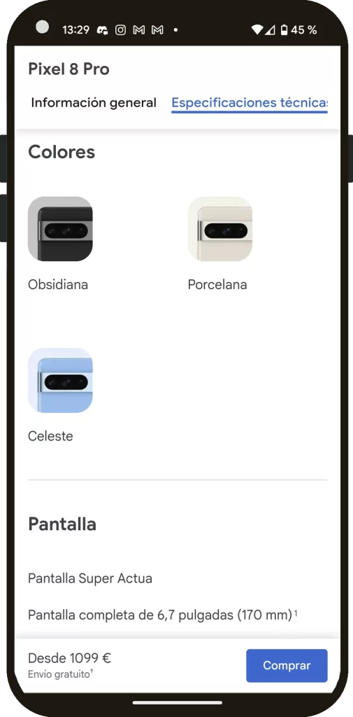 ficha de producto mobile del teléfono google pixel 8 pro en la tienda online de Google