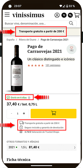 Ficha de producto del vino pago de carraovejas en la tienda online de vinissimus