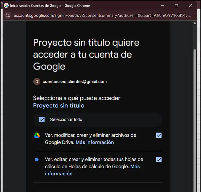 Selecciona los permisos que vas a conceder a apps script