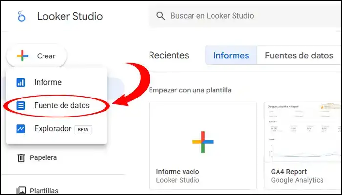 crear fuente de datos de search console en looker studio
