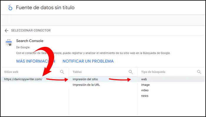 elegir propiedad de search console en looker studio