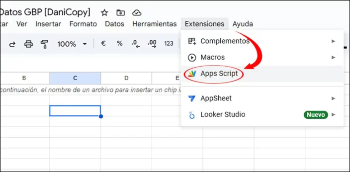 Como acceder a appscript en las hojas de calculo de Google