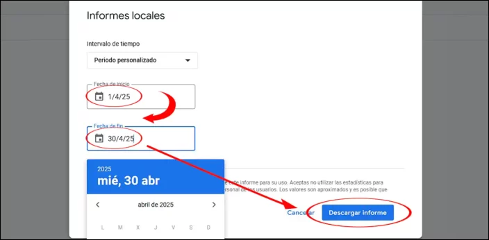 Paso 2 para descargar informes en Google Bussines Profile