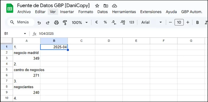 formato de tabla para las búsquedas de google bussines profile